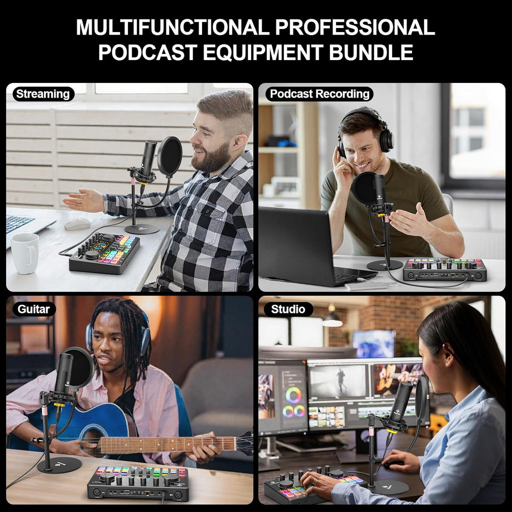Podcast Equipment Bundle for 2 with Dual XLR-3.5 Condenser Micophones with Mic Pop Filters Audio Equipment for Live Streaming/ Recording, Online Gaming for Phone/ Laptop/ PC Audio Interface M100