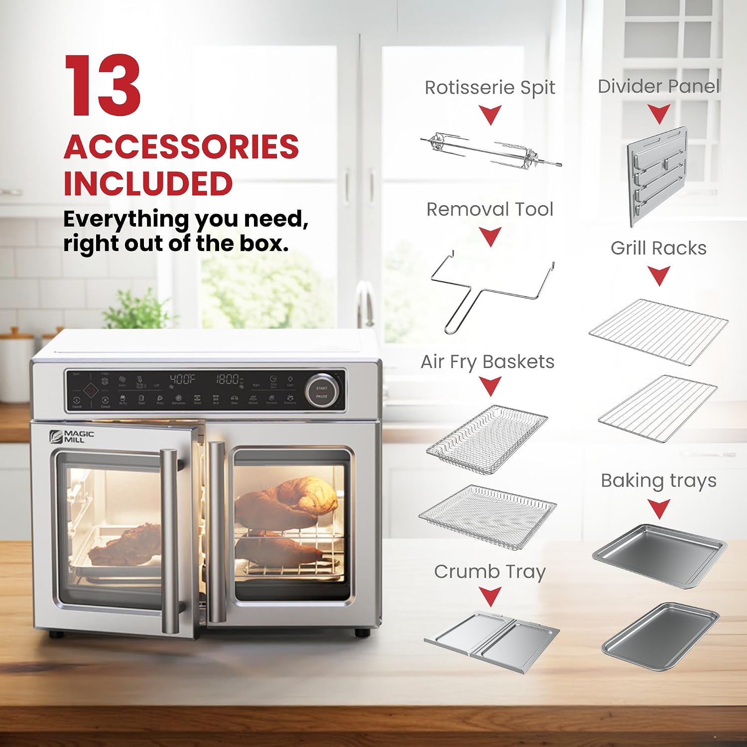 Magic Mill Ultra-Premium Dual-Zone Stainless Steel Air Fryer Toaster Oven Combo, Extra Large 32QT French Door Convection Oven with Next-Gen Patent Technology, 13 Accessories, Rotisserie, Sync Finish