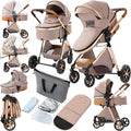 2 in 1 Baby Stroller, Convertible Pram, Reversible Standard Stroller, Portable Baby Buggy, Infant Carriage, Foldable High Landscape Pushchair for Toddler Newborn (225 Khaki)