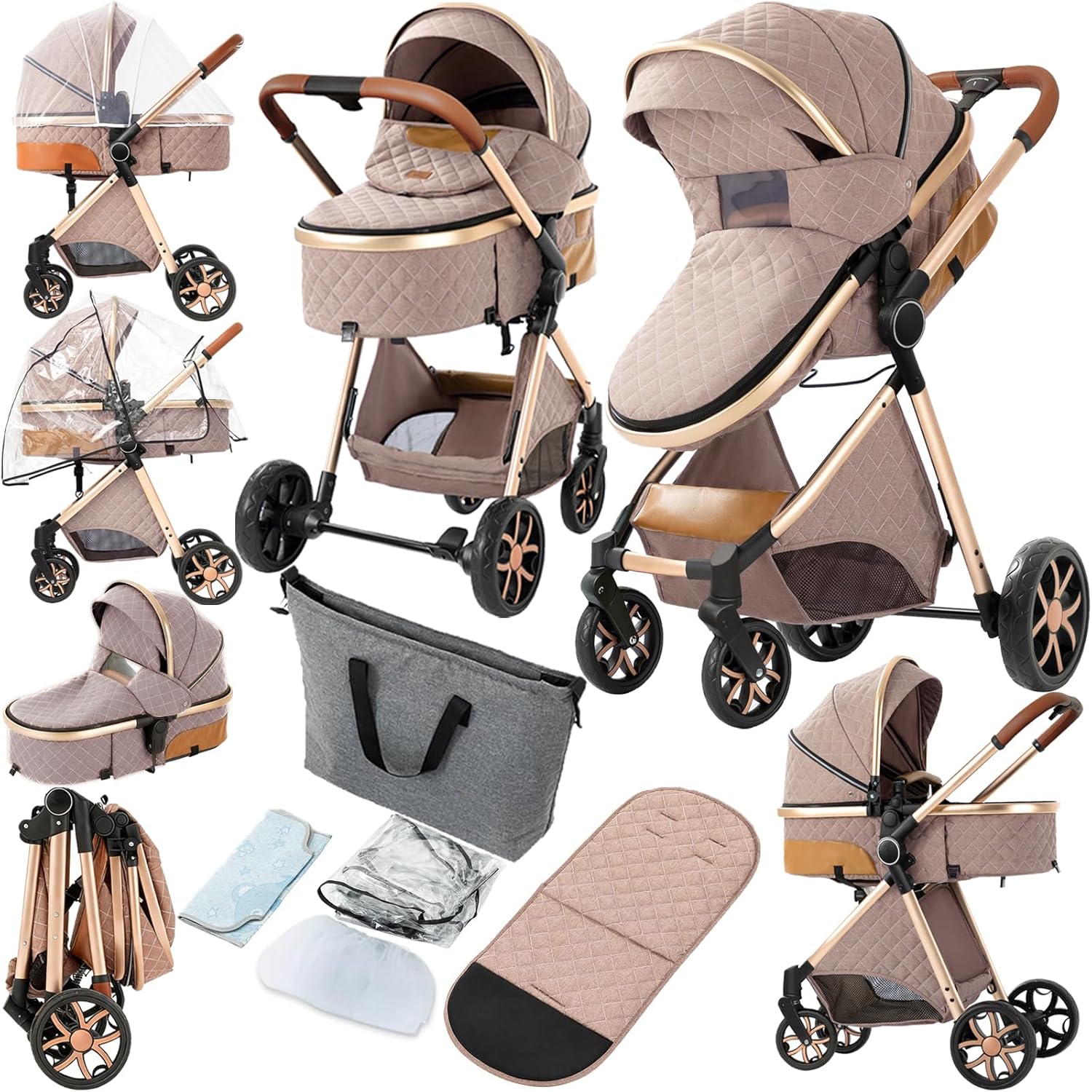 2 in 1 Baby Stroller, Convertible Pram, Reversible Standard Stroller, Portable Baby Buggy, Infant Carriage, Foldable High Landscape Pushchair for Toddler Newborn (225 Khaki)
