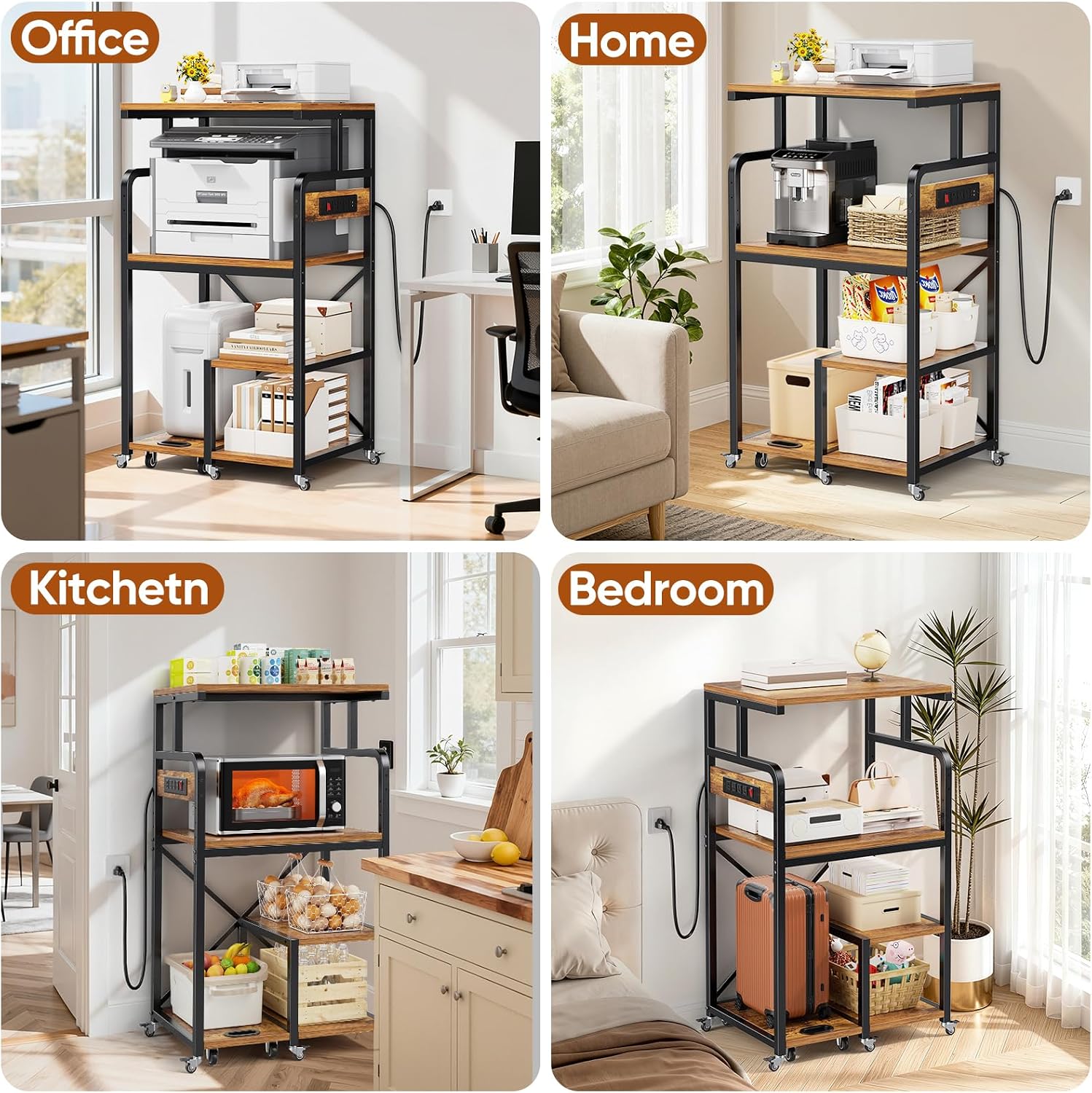 POKIPO Large 4 Tier Printer Stand, 26.7 x 21.2 x 50.2 Inches Tall Printer Cart with Power Outlets 4-Adjustable Heavy Duty Rolling Shelf for Home Office Kitchen Stand for Paper Shredder Mini Fridge