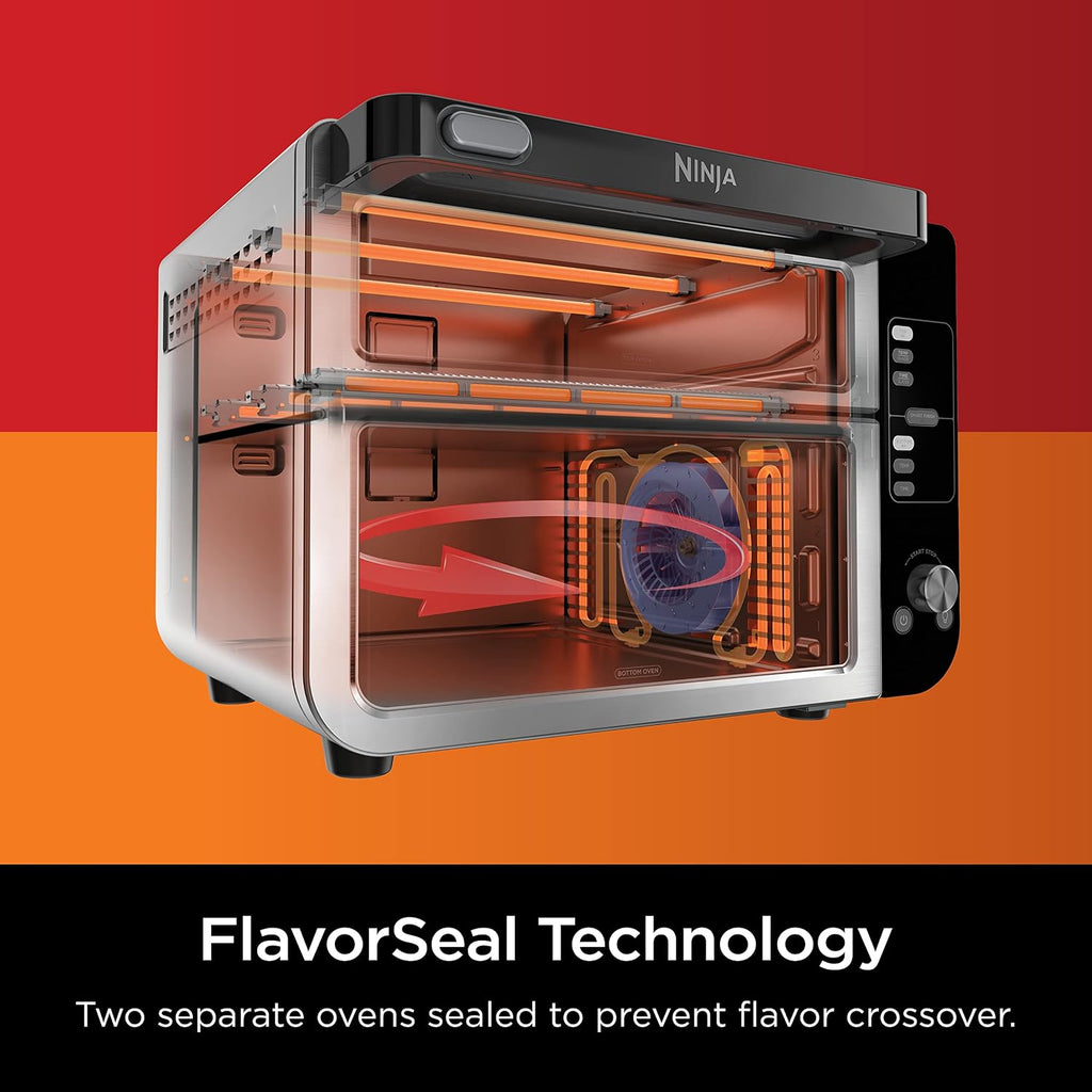 Ninja DCT401 12-in-1 Double Oven with FlexDoor, FlavorSeal & Smart Finish, Rapid Top Convection and Air Fry Bottom, Bake, Roast, Toast, Air Fry, Pizza and More, Stainless Steel (Renewed)