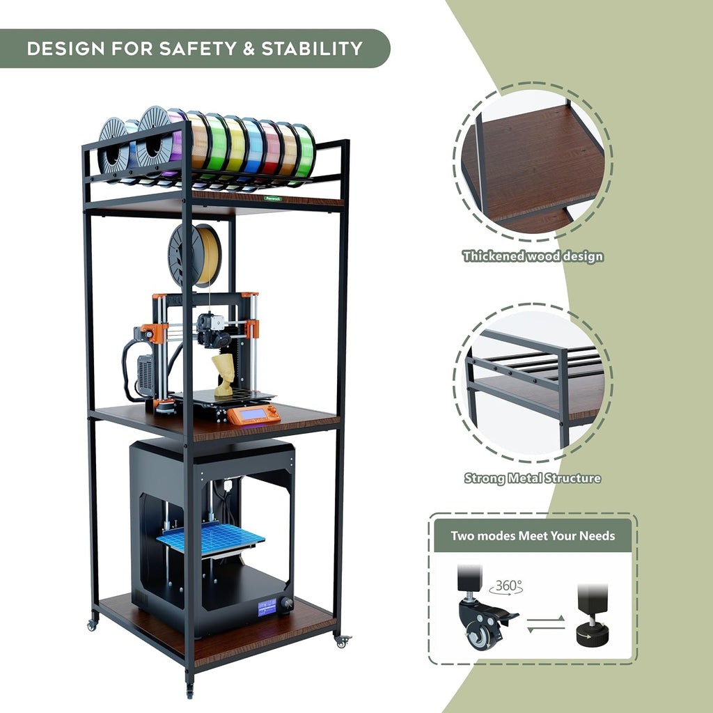 PT2 Ultimate Large 3D Printer Storage Solution, Heavy-Duty 3-Tier Stand & Filament Organizer Rack for Biggest Printers on Wheels