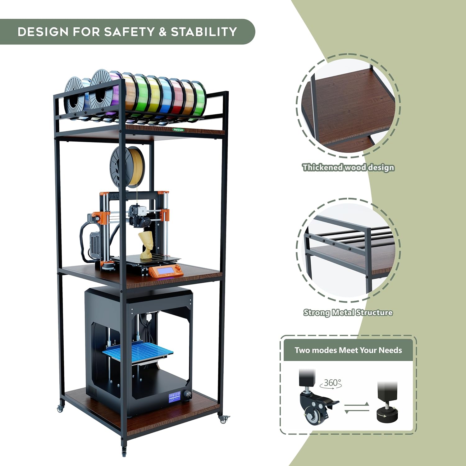 PT2 Ultimate Large 3D Printer Storage Solution, Heavy-Duty 3-Tier Stand & Filament Organizer Rack for Biggest Printers on Wheels