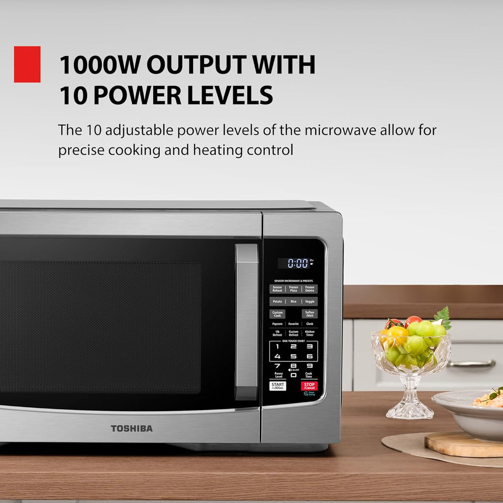 TOSHIBA EM131A5C-SS Countertop Microwave Ovens 1.2 Cu Ft with 12.4' Removable Turntable Smart Humidity Sensor, 12 Auto Menus Mute Function ECO Mode Easy Clean Interior, 1000W, Silver