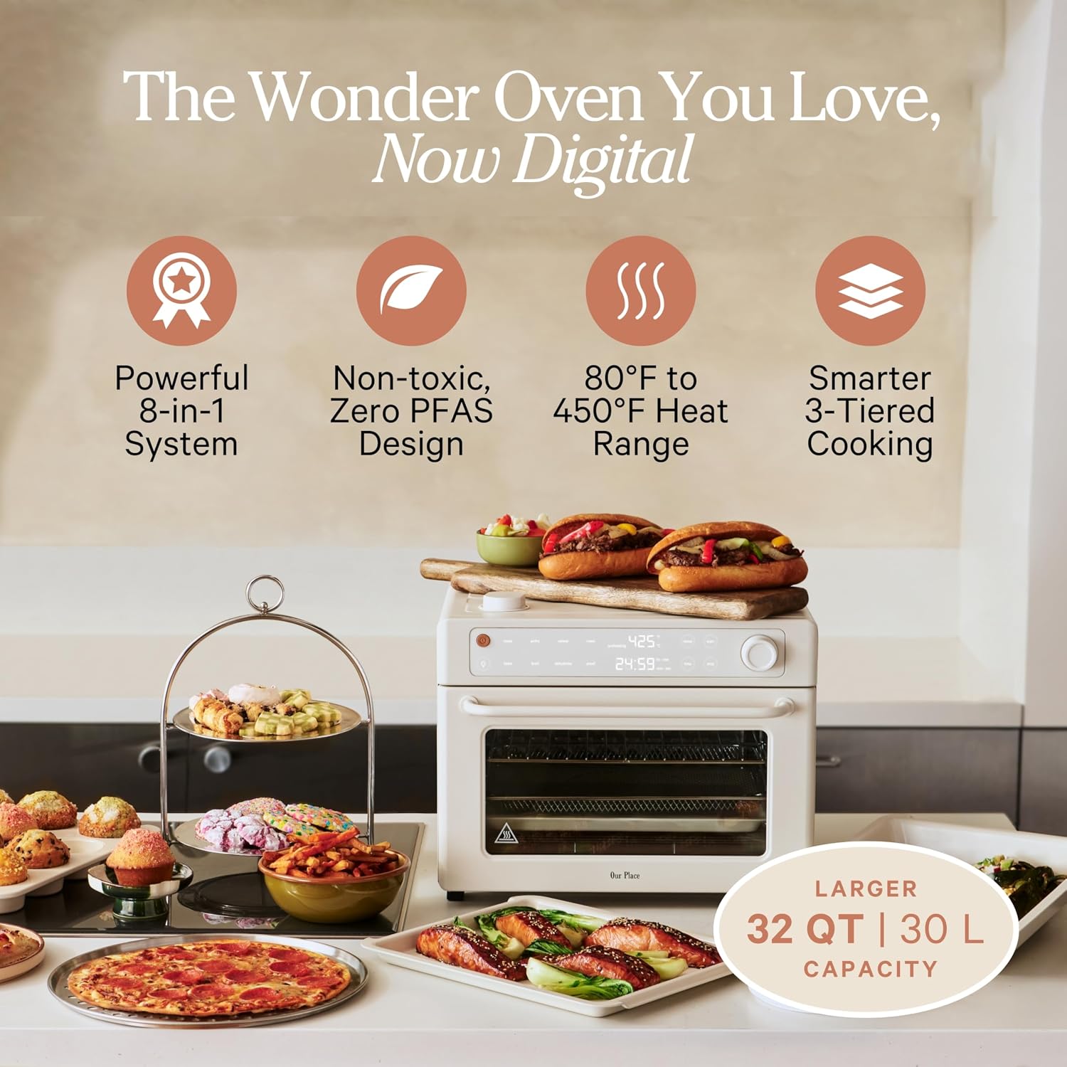 Our Place Wonder Oven Pro | 8-in-1 Digital Air Fryer & Countertop Oven with Basket, Rack, Pan & Tray | 3-Rack, 32 QT Capacity - Air Fry, Toast, Roast, Bake, Reheat, Broil, Proof & Dehydrate | Cream