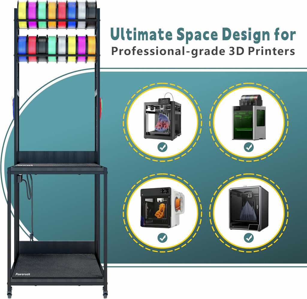 Heavy Duty PRT22 3D Printer Stand with Power Hub, High Density Polymer Vibration Damping Pads, Elevated Storage & Locking Wheels for Most Large Printers