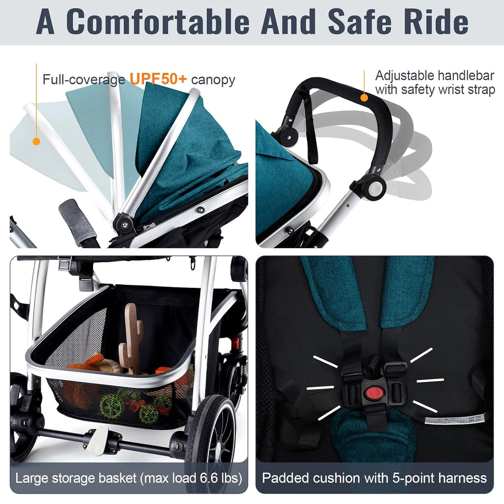 Hagaday Baby Stroller, 2-in-1 Reversible Toddler Seat with Bassinet Mode, Foldable Infant Stroller with Canopy, One Button Brake, Adjustable Handle, Newborn Pushchair(Blue)