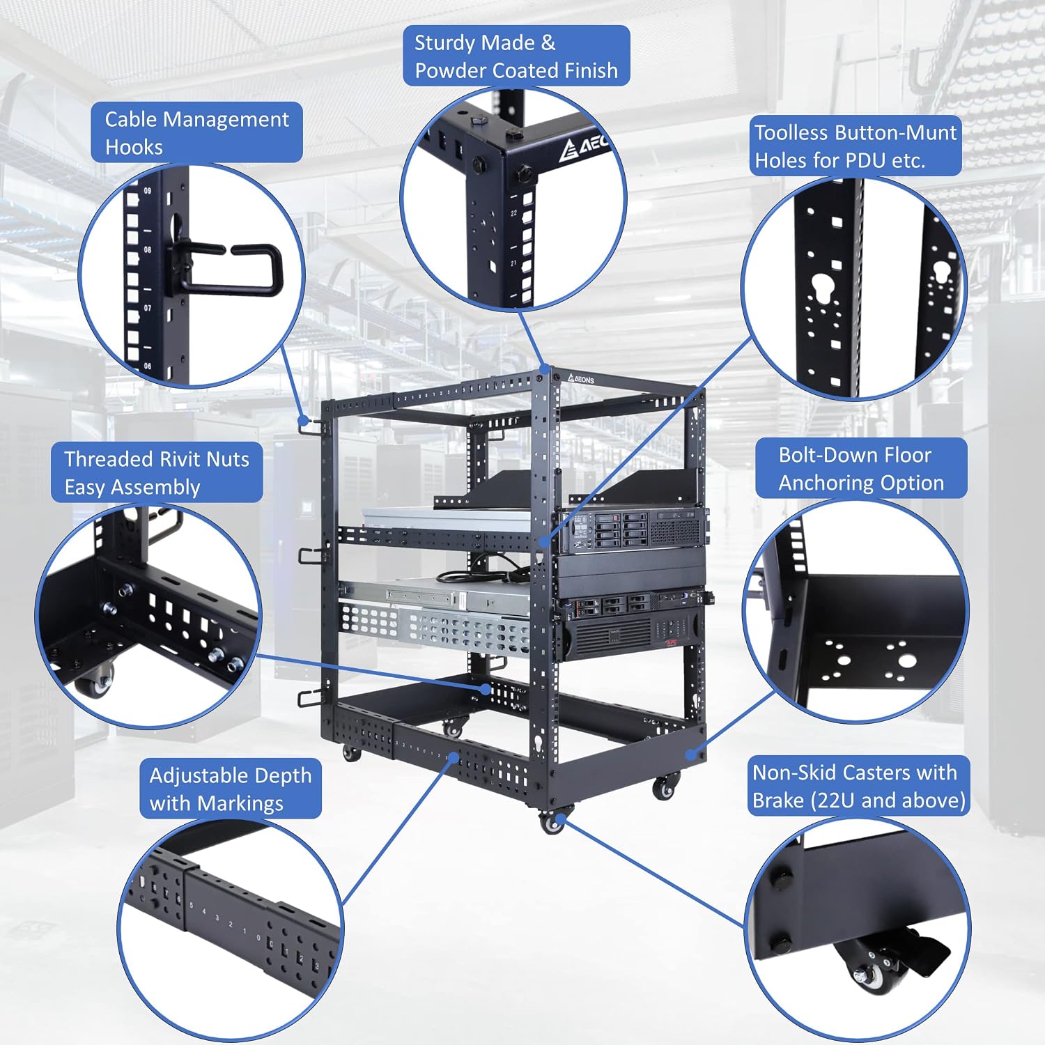 AEONS 18U 4-Post IT Open Frame Server Rack 19 Inch Depth-Adjustable (22' to 40') Network Equipment AV Gear w/Cable Management