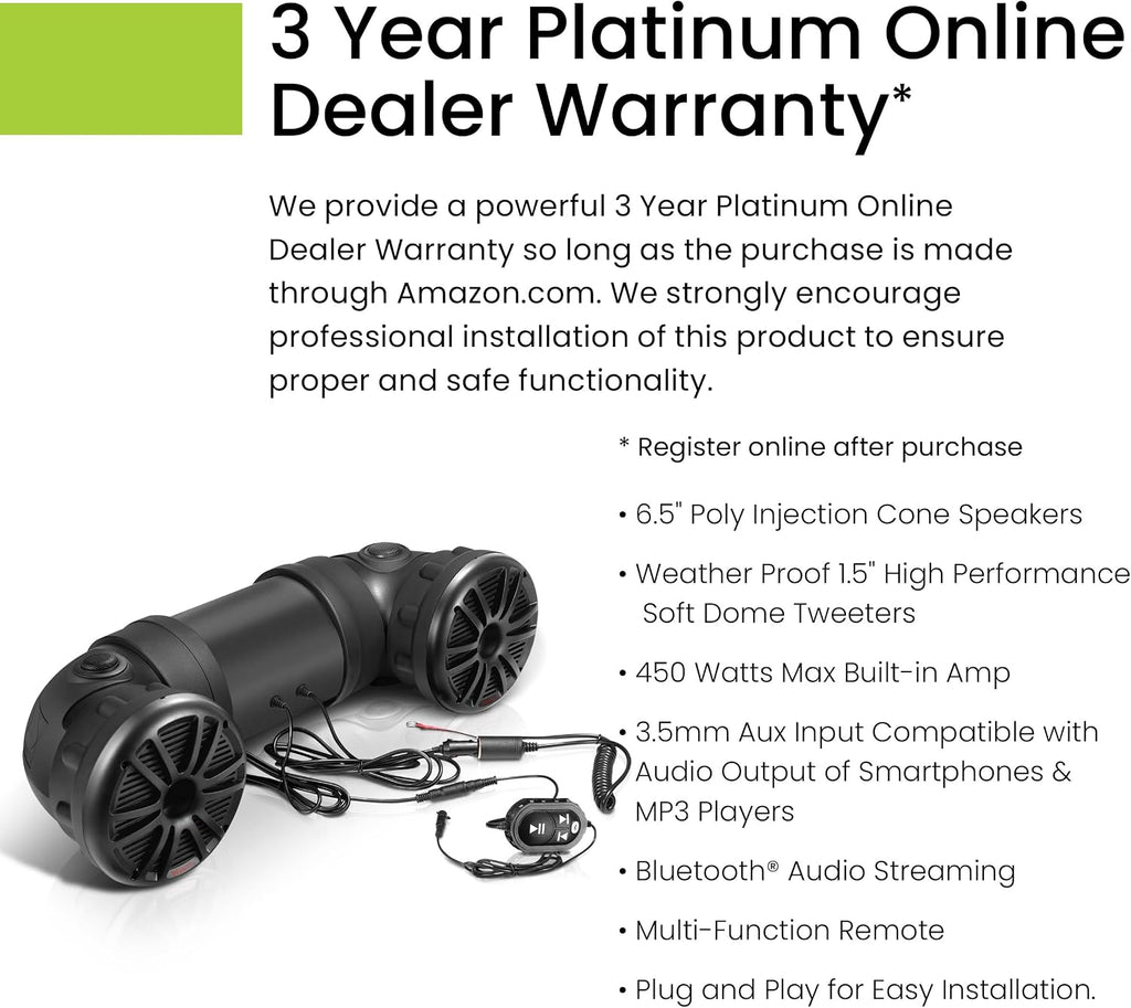 BOSS Audio Systems ATV25B ATV UTV Sound System - 6.5 Inch Speakers, 1.5 Inch Tweeters, Full Range, IPX5 Weatherproof, Bluetooth Remote, Built-in Amplifier, Golf Cart Compatible