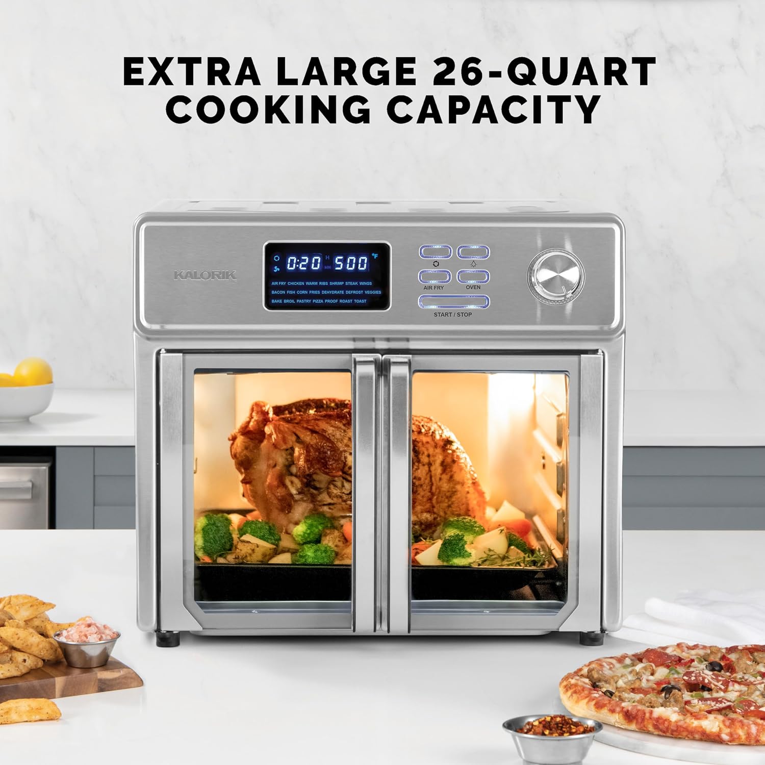 Kalorik MAXX Air Fryer Oven, 26 Quart 10-in-1 Countertop Toaster Oven & Air Fryer Combo - Fry, Bake, Roast, Rotisserie, & More, Large Glass French Doors & 9 Accessories, 1700-Watts, Stainless Steel
