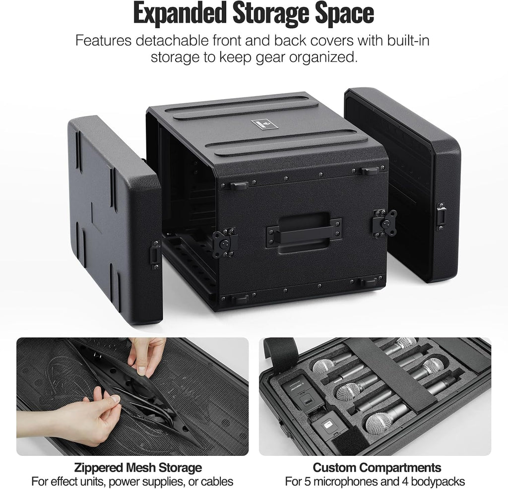 Phenyx Pro 6U Rack Case, 19' Rackmount Road Case, Detachable Front and Back Cover Storage, Shockproof & Waterproof, Audio Rack for Wireless Mic Systems, IEMs, Amplifiers (PRCSE-6UD)