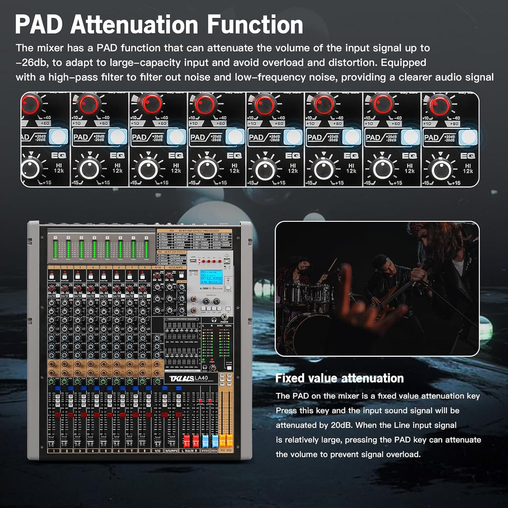 16 Channel Live Sound Audio Mixer with USB Interface, Mixing Console with 48V Phantom Power, 99 DSP Effects, XLR Inputs, DJ Mixer for Events, Stage, Band