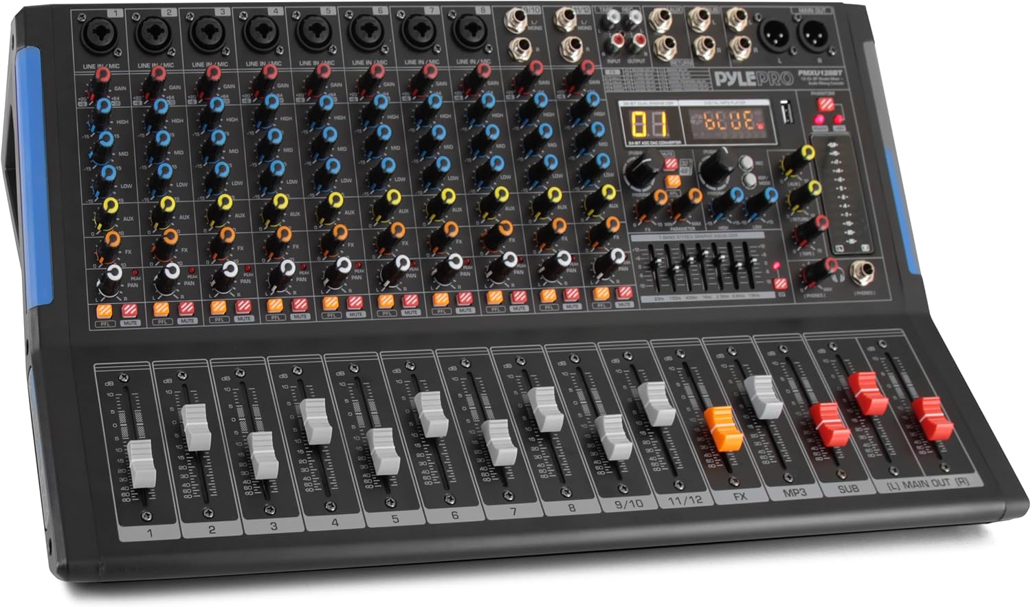 Pyle 12-Channel Console Style Audio Mixer with Bluetooth - DJ Sound Controller, 8 XLR / Combo Inputs, Sub Out, +48V Phantom, USB-A In, 16 DSP Effects, MP3 Player, 7-Band EQ - PMXU128BT