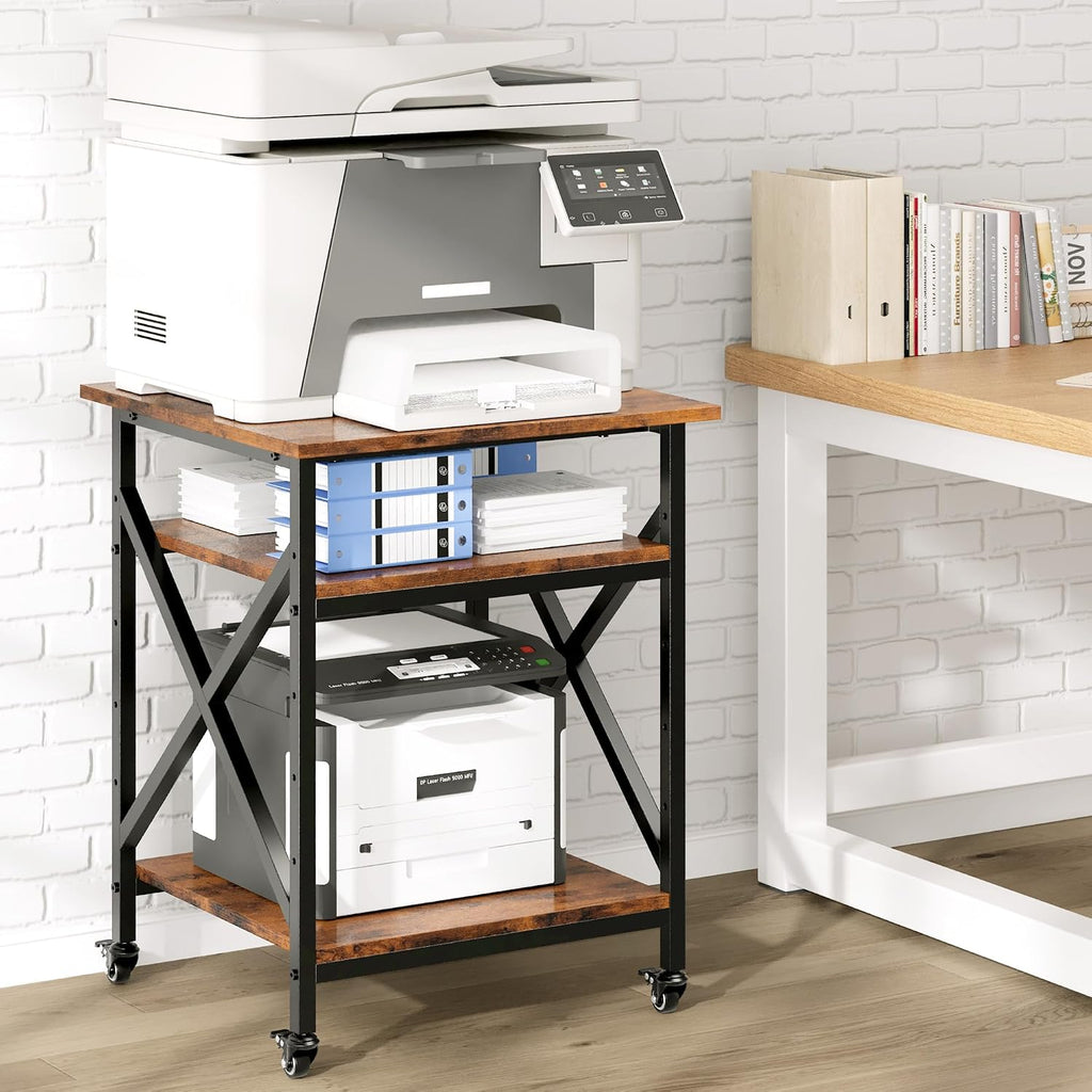 3 Tier Printer Stand, Large Table with Wheels, Rolling Cart with Height Adjustable Middle Storage Shelf, 23.6 x 23.6 x 30.3 Inches Shelf for Home Office, Vintage Brown