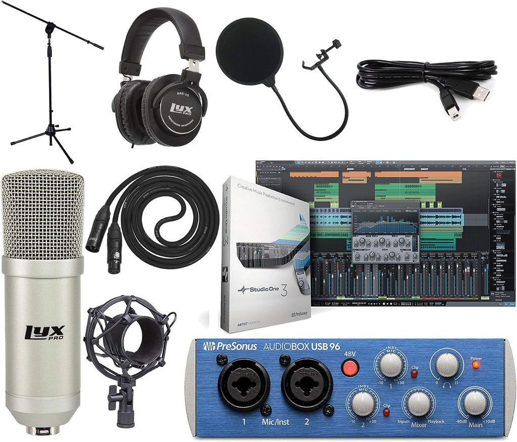 PreSonus AudioBox 96 USB 2×2 Interface Recording Bundle with LyxPro Cardioid Condenser Mic, HAS‑10 Headphones, Pop Filter, Shockmount, Stand, XLR Cable & Studio One Artist Software Kit