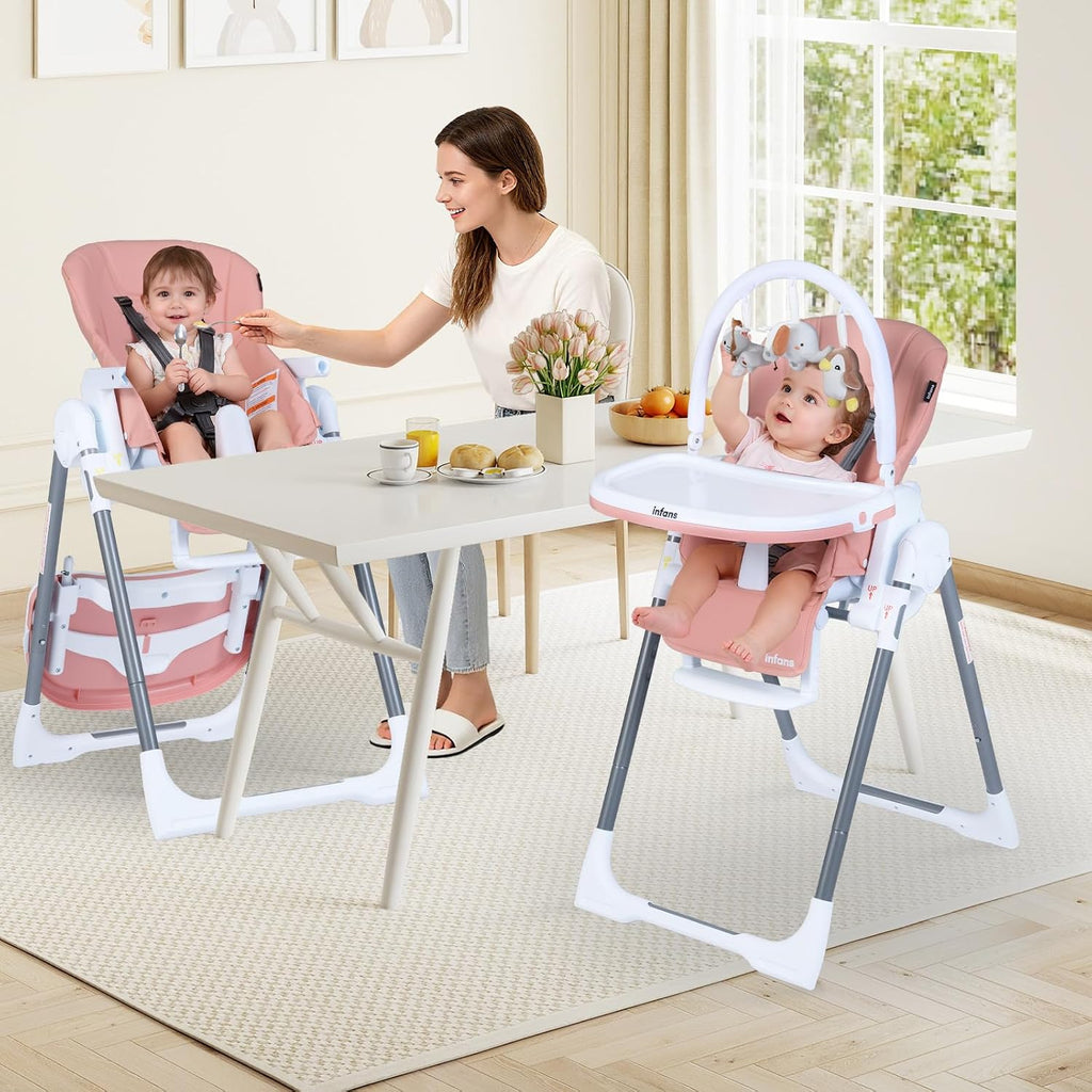 INFANS High Chair for Babies and Toddlers, Foldable Highchair with 7 Different Heights 4 Reclining Backrest Seat 3 Setting Footrest, Removable Tray Built-in Rear Wheels with Locks