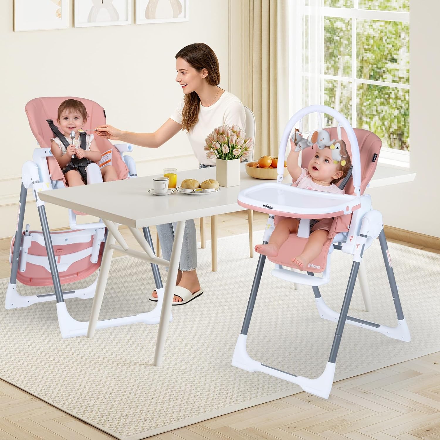 INFANS High Chair for Babies and Toddlers, Foldable Highchair with 7 Different Heights 4 Reclining Backrest Seat 3 Setting Footrest, Removable Tray Built-in Rear Wheels with Locks