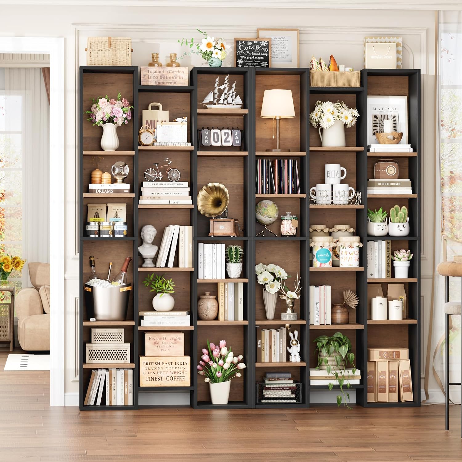FOTOSOK 71'' Tall Bookshelf with 21 Cubes, 8 Tier Triple Wide Bookshelf with 8 Adjustable Shelves, 35' Large Bookcase DVD/CD Media Tower Storage, Freestanding Display Shelf Cabinet, Black/Brown