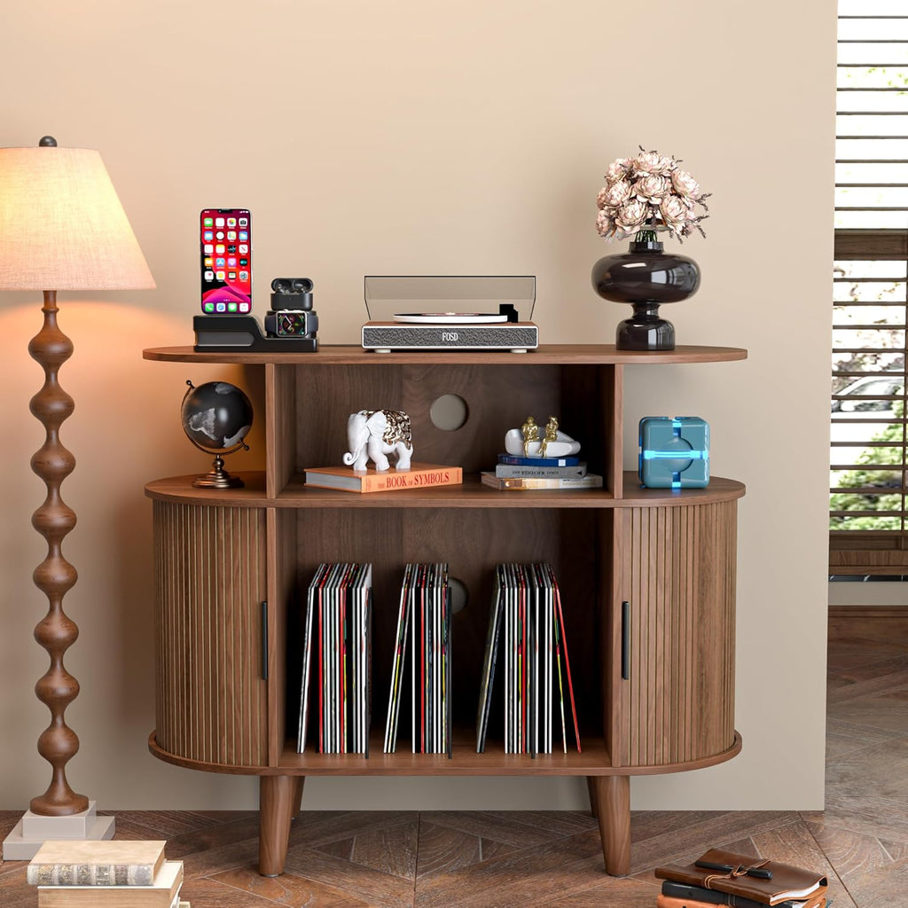 LUVIOHOME Large Round Record Player Stand with Charging Station & USB Ports，Record Storage Cabinet, Mid Century Modern Turntable Stand for Bedroom Living Room (Small Brown)