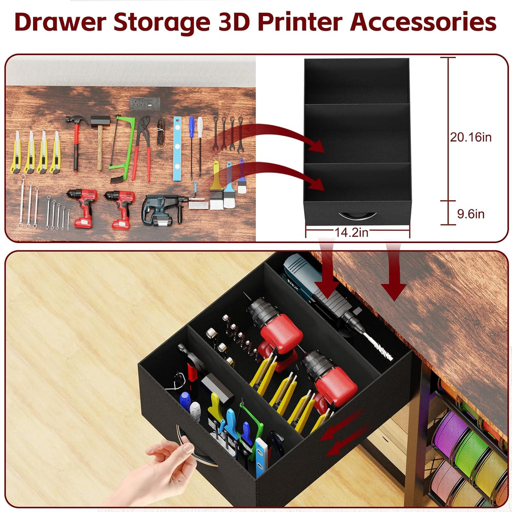 Frebomboo 3D Printer Filament Storage Rack, Versatile 3D Printer Stand Shelf with Drawer, Mobile 3-Tier Metal Filament Spool Holder, Perfect 3D Printer Cart Desk for Office Workshop Studio