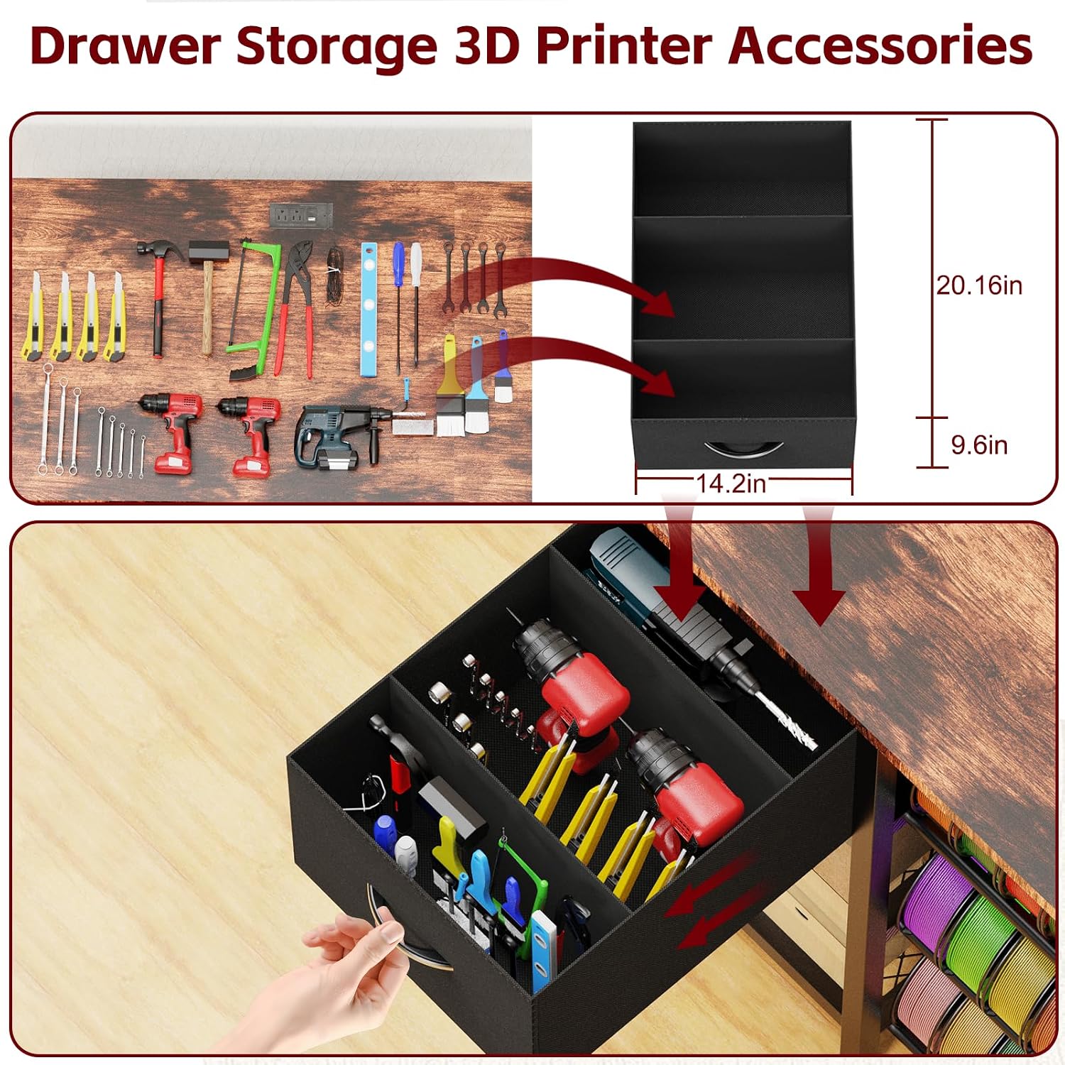 Frebomboo 3D Printer Filament Storage Rack, Versatile 3D Printer Stand Shelf with Drawer, Mobile 3-Tier Metal Filament Spool Holder, Perfect 3D Printer Cart Desk for Office Workshop Studio