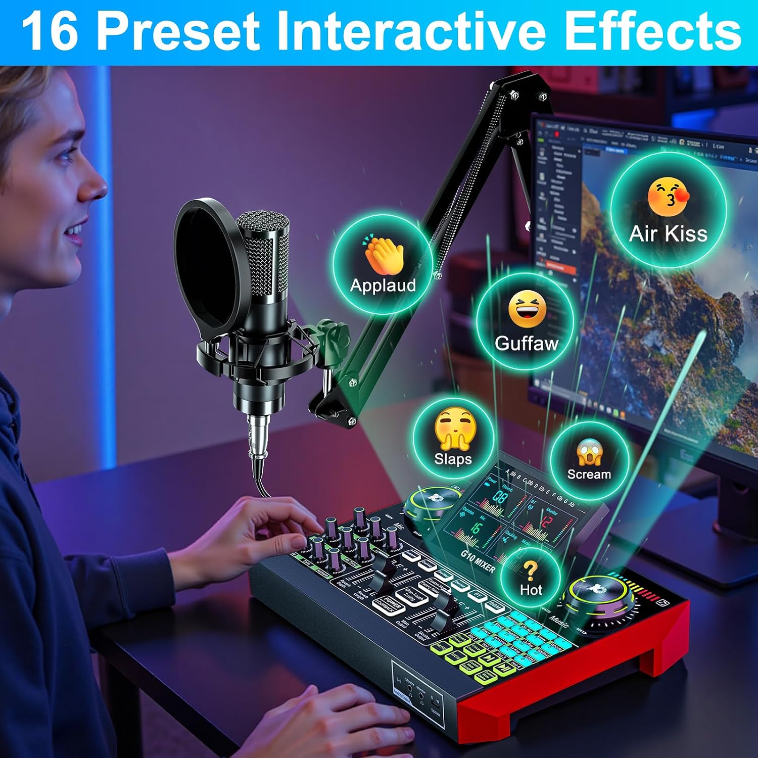 Podcast Equipment Bundle with 3.5mm P15 Condenser Microphone for Pc/Phone Live Streaming Singing Gaming, Podcast Microphone Bundle with Live Sound Board Audio Mixer,Voice Changer, Denoise,DJ Sets