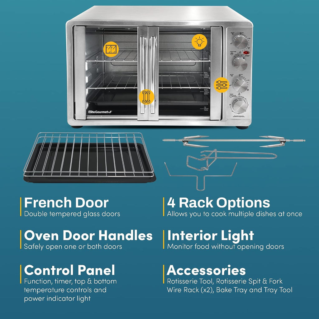 Elite Gourmet ETO4510MX French Door 47.5Qt, 18-Slice Convection Oven 4-Control Knobs, Bake Broil Toast Rotisserie Keep Warm, Includes 2 x 14' Pizza Racks, Stainless Steel