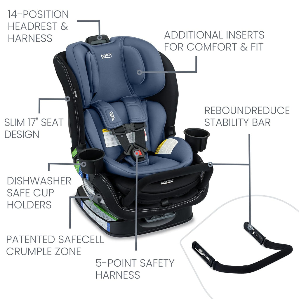 Britax Poplar S Convertible Car Seat, 2-in-1 Car Seat Extended Rear Facing, 17' Slim Car Seat Design with Fast & Easy ClickTight Installation, Anti-Rebound Bar & SafeWash Fabrics — Arctic Onyx