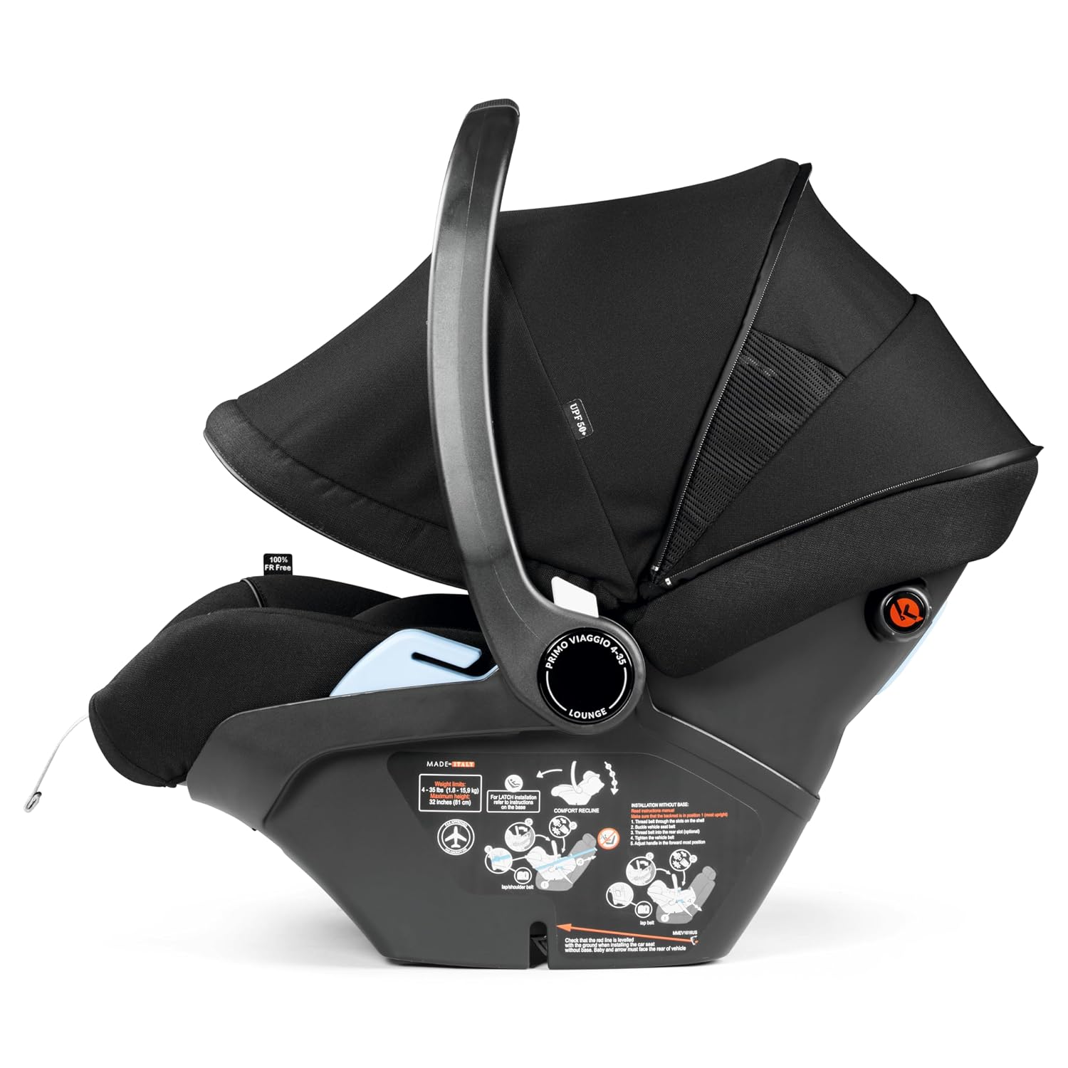 Peg Perego Primo Viaggio 4-35 Lounge - Reclining Rear Facing Infant Car Seat - Includes Base with Load Leg & Anti-Rebound Bar - for Babies 4 to 35 lbs - Made in Italy - True Black (Black)