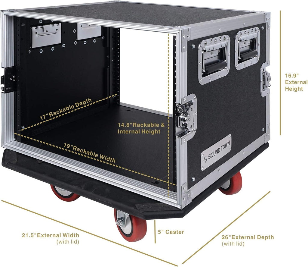 Sound Town 8U PA/DJ Rack/Road Case, 8-Space, with 21' Rackable Depth, Casters, Plywood, Metal Ball Corners - Pro Tour Grade (STRC-8UW)