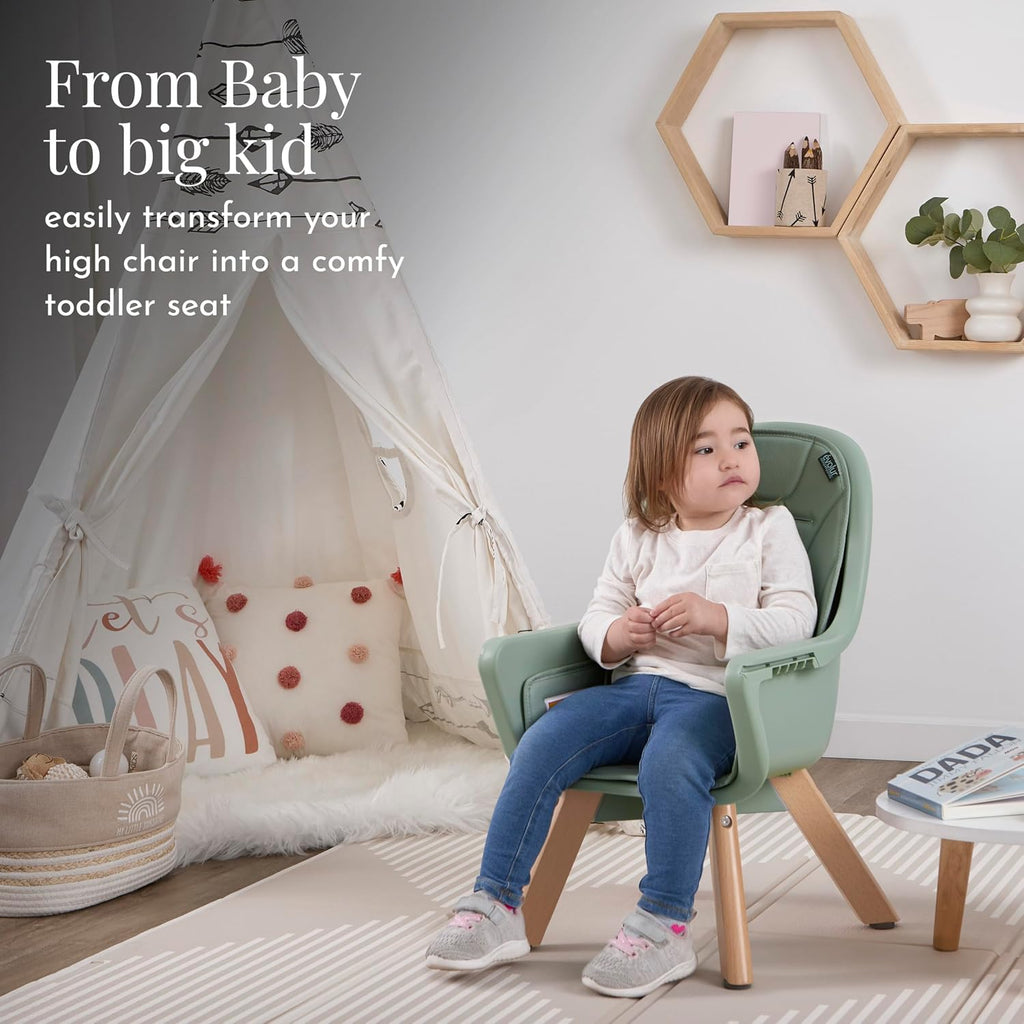 Evolur Zoodle 2-in-1 High Chair for Baby & Toddler – Convertible High Chair to Toddler Chair, Padded Seat, 5-Point Safety Harness, Dual Dishwasher-Safe Trays, Solid Beechwood Legs – Sage Green
