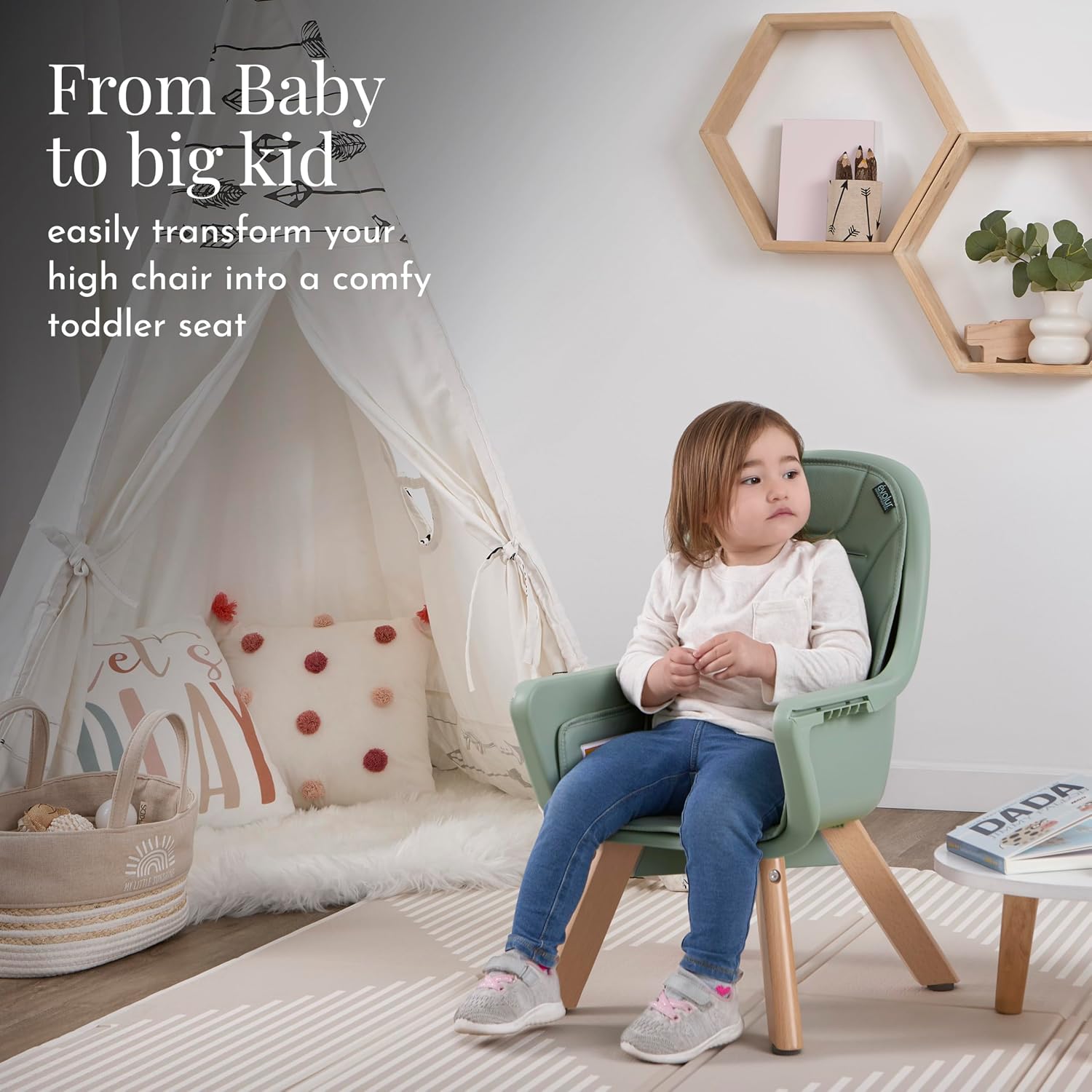 Evolur Zoodle 2-in-1 High Chair for Baby & Toddler – Convertible High Chair to Toddler Chair, Padded Seat, 5-Point Safety Harness, Dual Dishwasher-Safe Trays, Solid Beechwood Legs – Sage Green