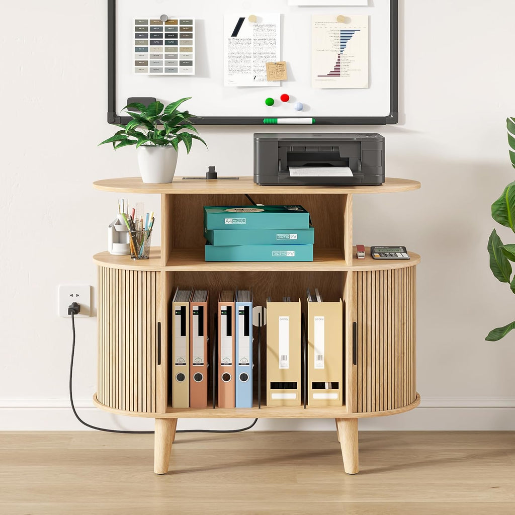 Fiogmub Round Printer Stand with Charging Station & USB Ports, 35.4 x15.7 x 30 Inches Large Printer Table 3 Tier with Storage Shelf for Home Office (Oak)