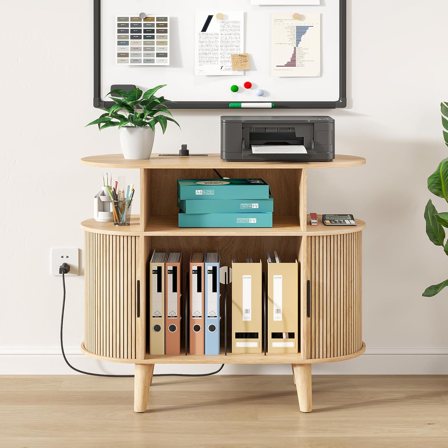Fiogmub Round Printer Stand with Charging Station & USB Ports, 35.4 x15.7 x 30 Inches Large Printer Table 3 Tier with Storage Shelf for Home Office (Oak)