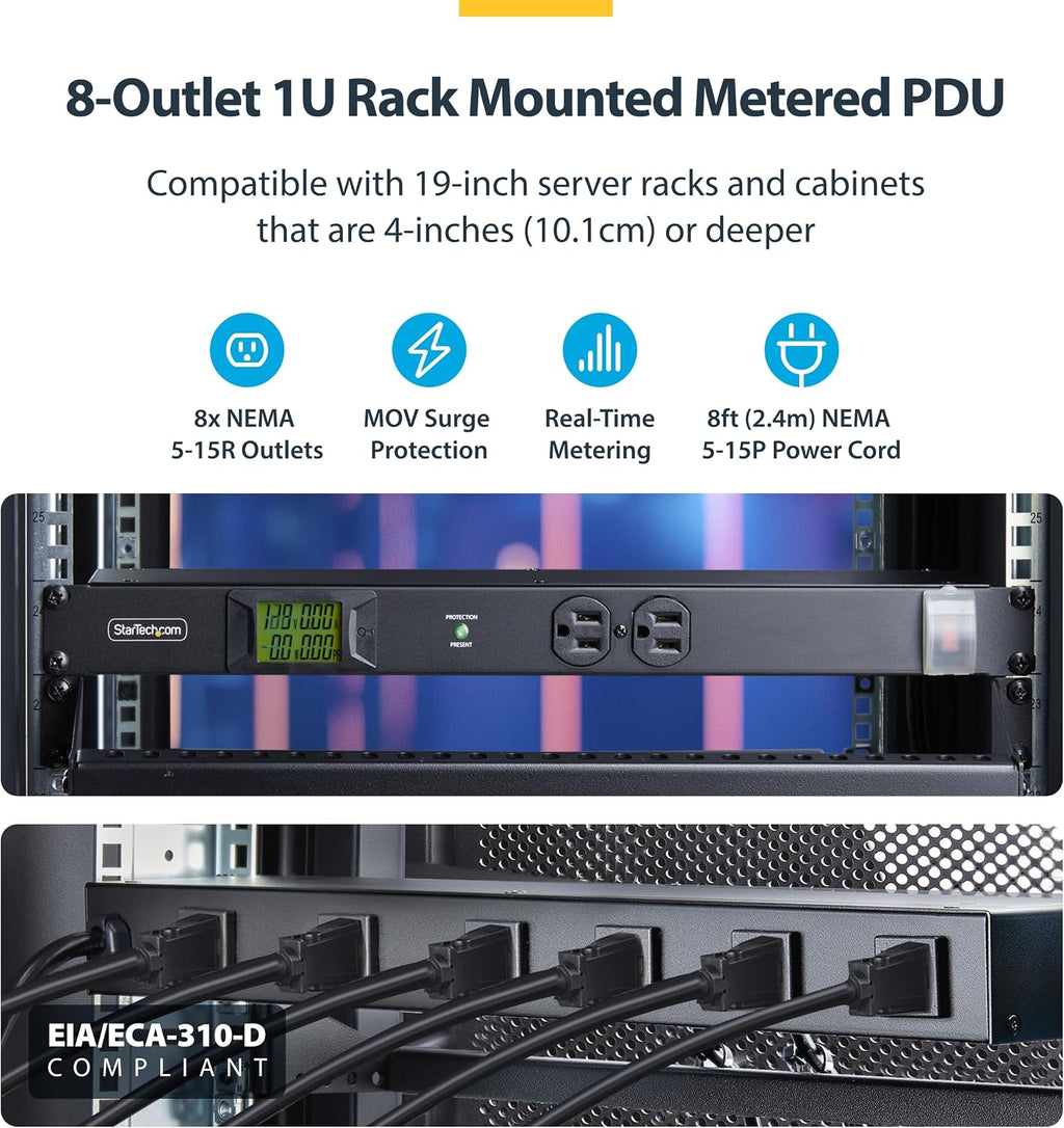 StarTech.com 8-Outlet Horizontal Rack Mount Metered PDU, 1U Server Power Strip w/Surge Protector, 8ft (2.4m) Power Cable, TAA