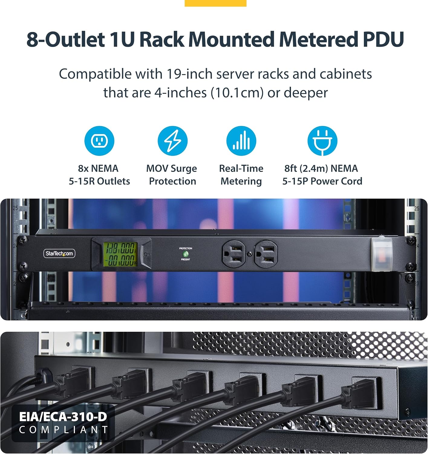 StarTech.com 8-Outlet Horizontal Rack Mount Metered PDU, 1U Server Power Strip w/Surge Protector, 8ft (2.4m) Power Cable, TAA