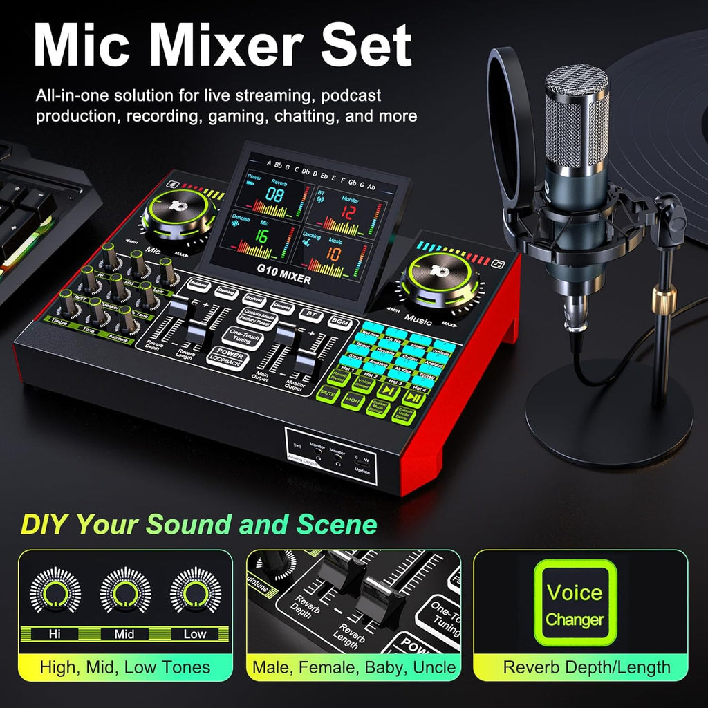 Podcast Equipment Bundle with Live Sound Card Audio Mixer, 3.5mm Condenser Microphone for PC/Phone Streaming and Singing, Podcast Microphone Bundle with Voice Changer sound board