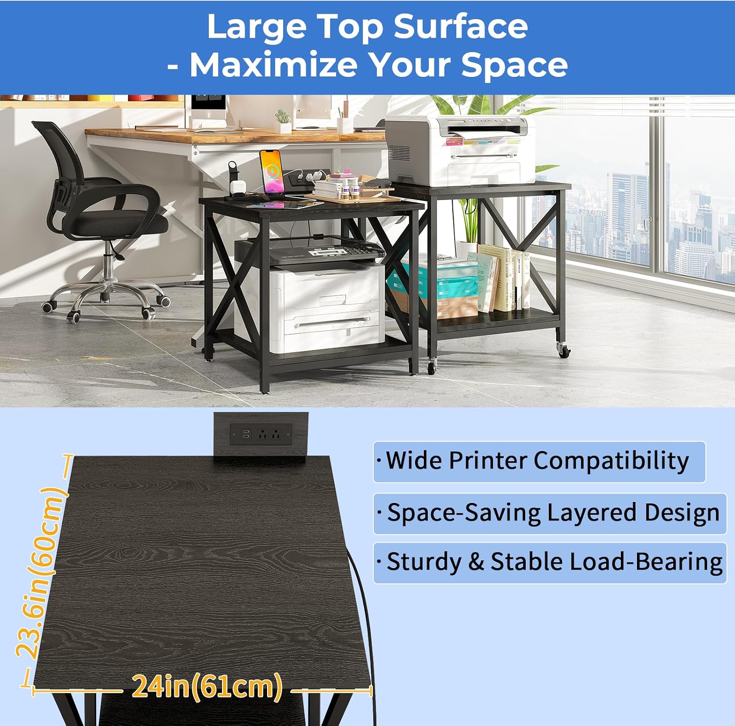 METYERRY Large Printer Stand with Power Outlet, with Storage Shelf, 2 Tier Rolling Printer Cart with Industrial Wheels, 23.6 x 23.6 Inches Printer Table for Home Office,Black