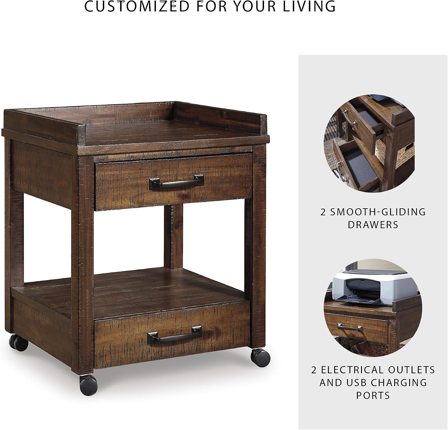 Signature Design by Ashley Baldridge Office Printer Stand, Storage, Electrical Outlets, USB Charing Ports, Wood, 21' W x 18' D x 24.63' H, Brown