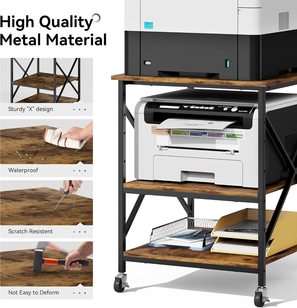 Warmiehomy 24'x24'x30' Large Printer Stand with Storage, 3 Tier Rolling Printer Cart Table, Mini Fridge Stand with Wheels, Use for 3D Laser Printer Home Office, Rustic Brown