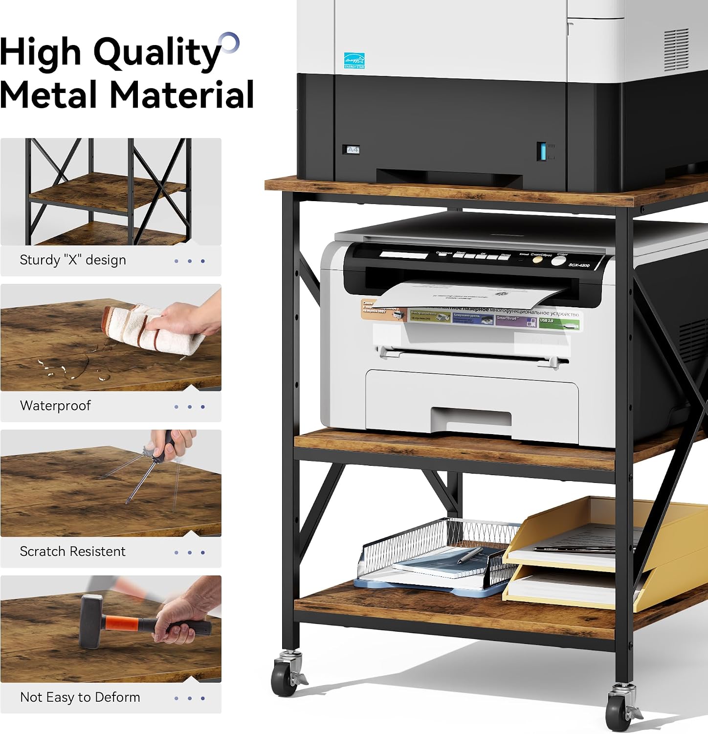 Warmiehomy 24'x24'x30' Large Printer Stand with Storage, 3 Tier Rolling Printer Cart Table, Mini Fridge Stand with Wheels, Use for 3D Laser Printer Home Office, Rustic Brown