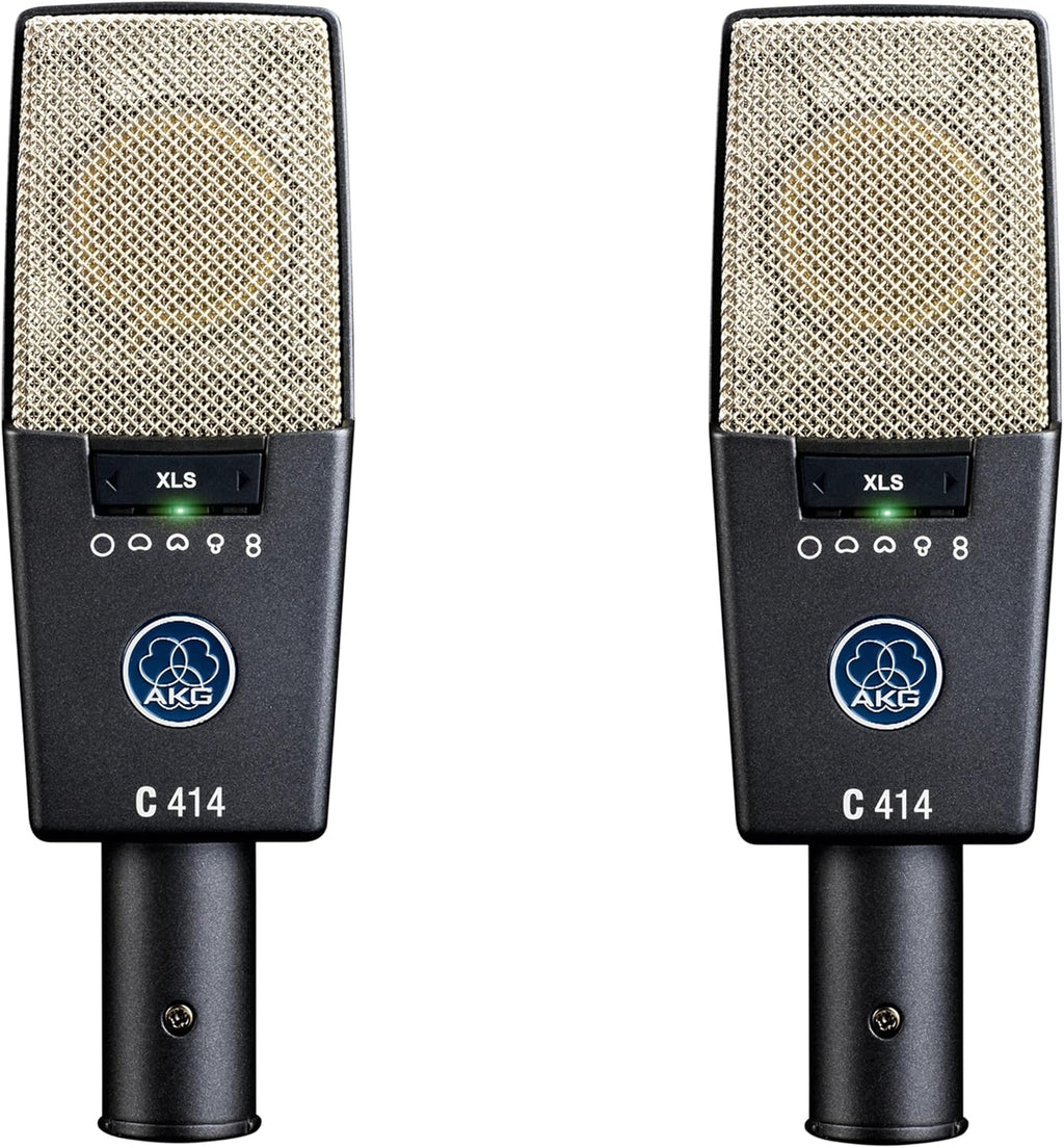 AKG Pro Audio C414XLS Pair Studio Grade Professional Large Diaphragm, Dual Capsule, Multi-Pattern, Vocal & Instrument Condenser Microphone with Aluminum Carrying Case. XLR Connector. Gray with Gold.