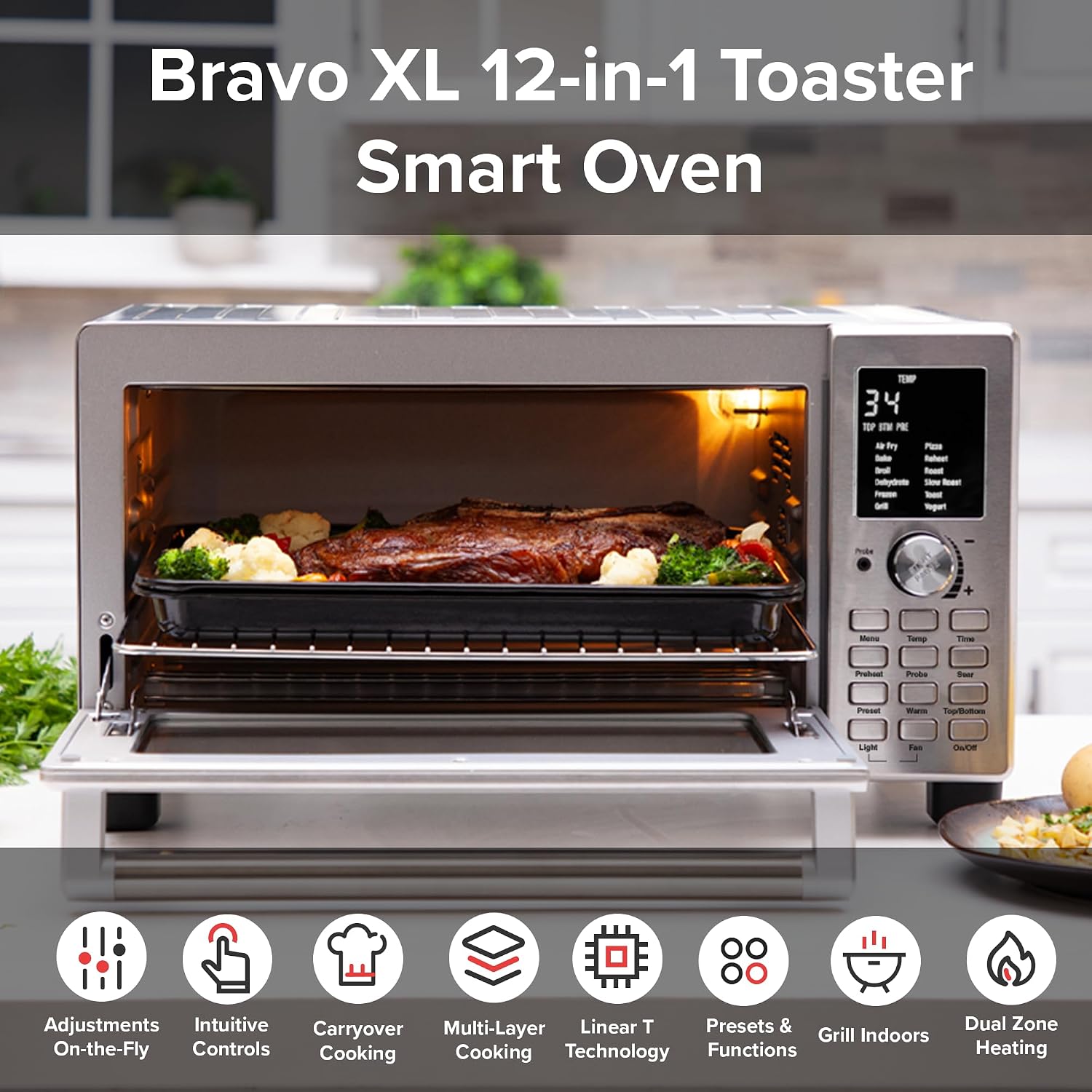Nuwave Bravo Pro Countertop Convection Oven, 90% Less Oil, multi-Layer Cooking, Cool White Display, Integrated Probe, Improved 100% Convection, 30QT, PFAS Free (Bravo XL Pro)