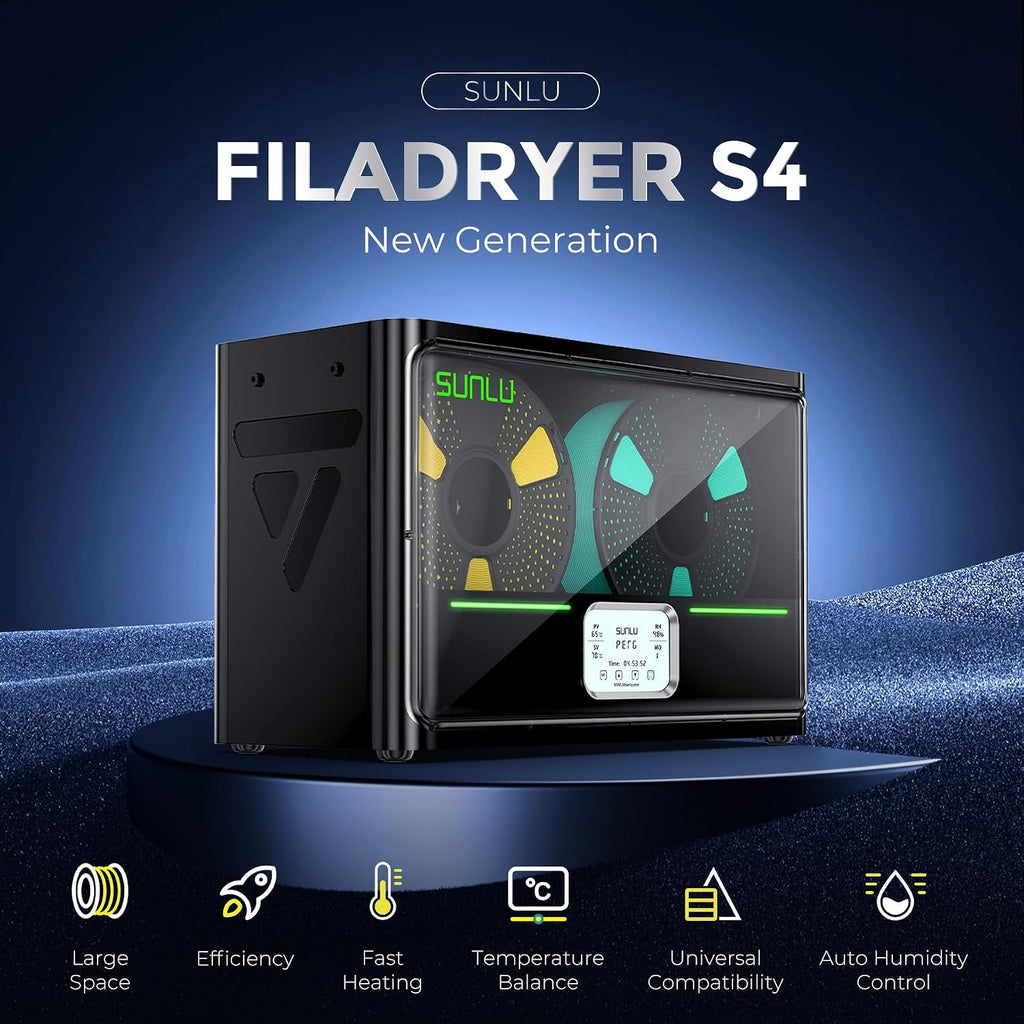 SUNLU Official Filament Dryer S4, 4-Spool Filament Storage Box with Auto Humidity Control, 350W PTC Fast Heating, 70℃ Max Temperature for 3D Printer Filament, S4 Black