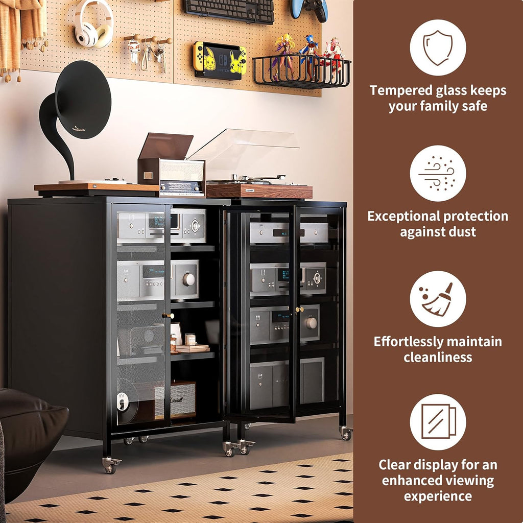 Heavy Duty 4-Tier Media Cabinet, Audio-Video Media Stand with Tempered Glass Doors, Metal Stereo Cabinets with 3 Adjustable Shelves, Storage Cabinet for Entertainment Stereo Component