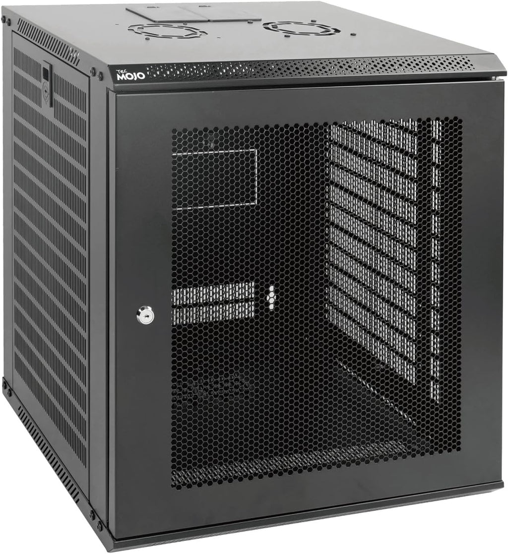 Tecmojo 12U Wall Mount Rack Network Cabinet for 19' IT Equipment,with Lockable Mesh Door and Removable Side Panels,Cooling Fan,Black,17.7inch Deep