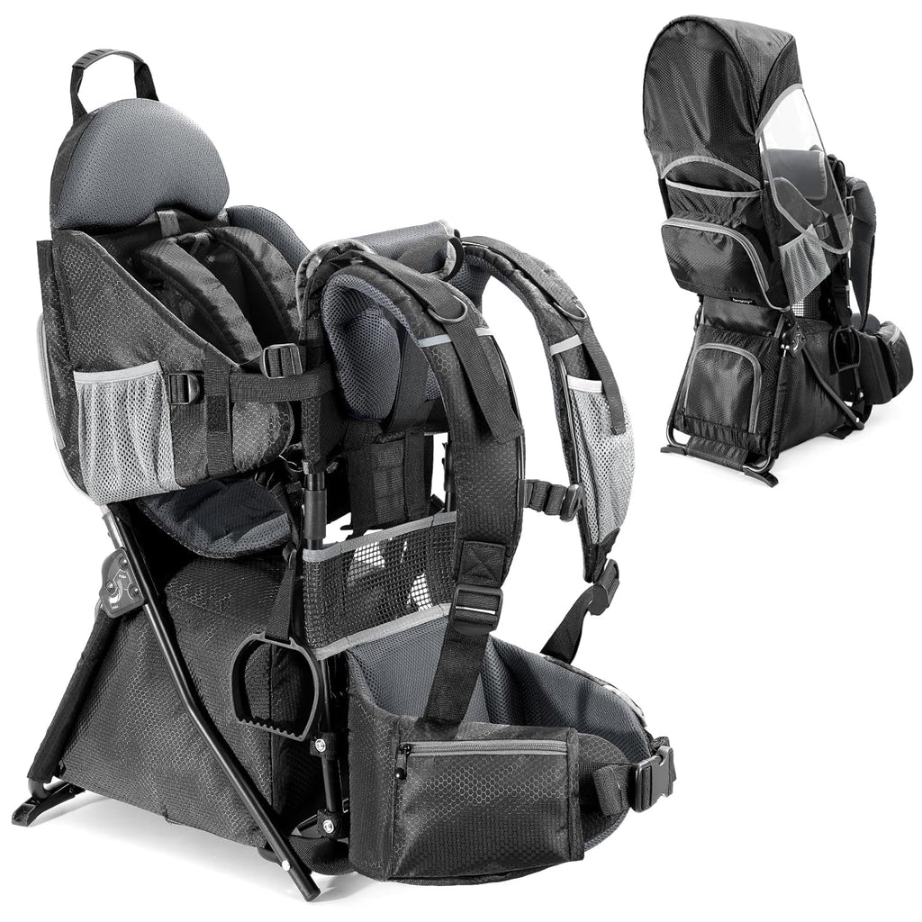 besrey Baby Backpack Carrier, Toddler Hiking Backpack with Safety 3-Height Seat, Adjustable Straps&Waist Belt, Foldable Frame Lightweight Large Capacity Child Carrier for Hiking (Shiny Black)