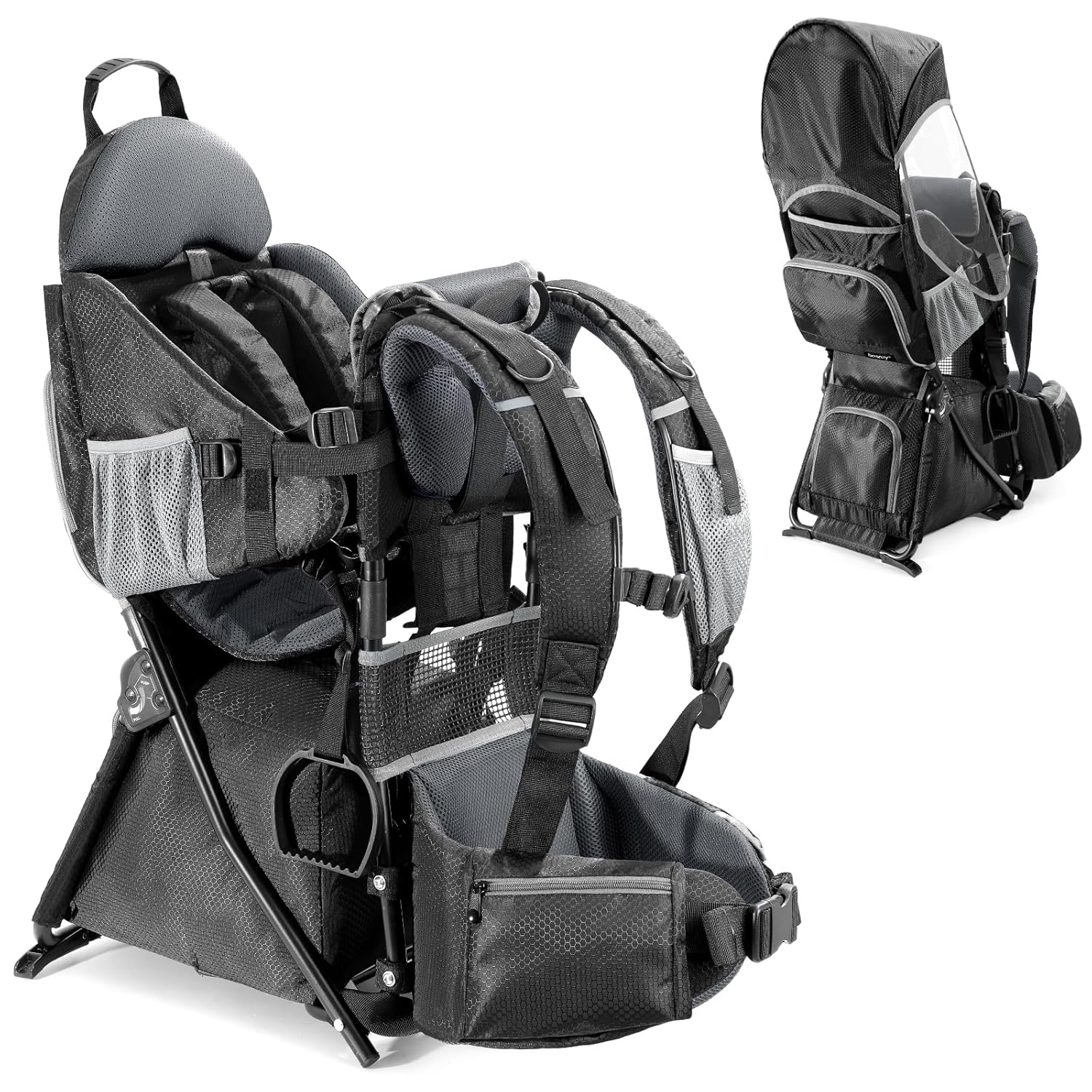 besrey Baby Backpack Carrier, Toddler Hiking Backpack with Safety 3-Height Seat, Adjustable Straps&Waist Belt, Foldable Frame Lightweight Large Capacity Child Carrier for Hiking (Shiny Black)