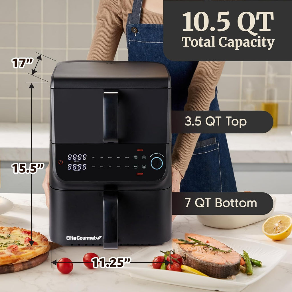 Elite Gourmet Dual Stacked Air Fryer, 10.5 Qt Total Capacity, PFAS-Free Nonstick Baskets, Sync Cook & Sync Finish, 10 Presets, 1700W, Black
